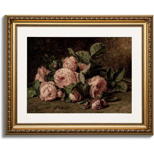 ARPEOTCY Vintage Gold Framed Wall Art, Retro Still life Pink Roses Canvas Prints Artwork with Antique Frame, Victorian Wall Paintings Decor for Living Room Gallery, 13x16 inch