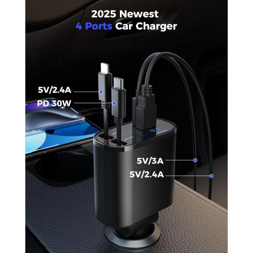 SUPERONE Retractable Car Charger, 4-in-1 Fast Phone Charger Adapter