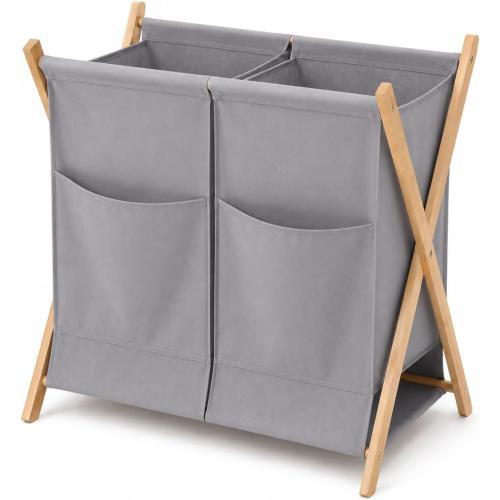 DUMDUM Double Laundry Hamper, 2-Compartment Laundry Sorter with Bamboo X-Frame, Foldable No-Assembly Clothes Hamper for Bedroom, Dorm & Small Spaces, Gray