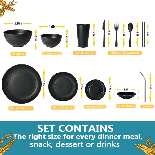 Teivio 72-Piece Kitchen Plastic Wheat Straw Dinnerware Sets for 6, Dinner Plates, Plates and Bowls Sets,Cups, Flatware, Sauce Dish,Dishwasher Safe, Unbreakable Apartment RV Camping Dishes, Black