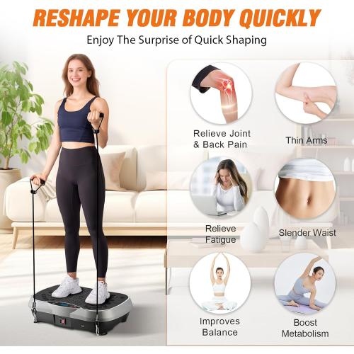 ALSO GO Vibration Plate Exercise Machine, 10 Preset Modes & 200-Level Vibration Platform for Weight Loss/Lymphatic Drainage, Vibration Board with Resistance Bands for Full Body Workout