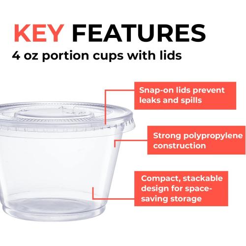 4 Ounce Portion Cups with Lids, 100 Count – Leak-Proof & Durable, Ideal for Sauces, Condiments, Meal Prep, Snacks, and Dips – Clear, Eco-Friendly, BPA-Free
