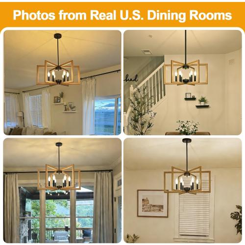 25-61 Height Adjustable Retro Wood Texture Chandelier for Dining Room, No Assembly Required Dining Room Light Fixture Over Table, Industrial Metal Pendant Lights Fixture for Kitchen Island