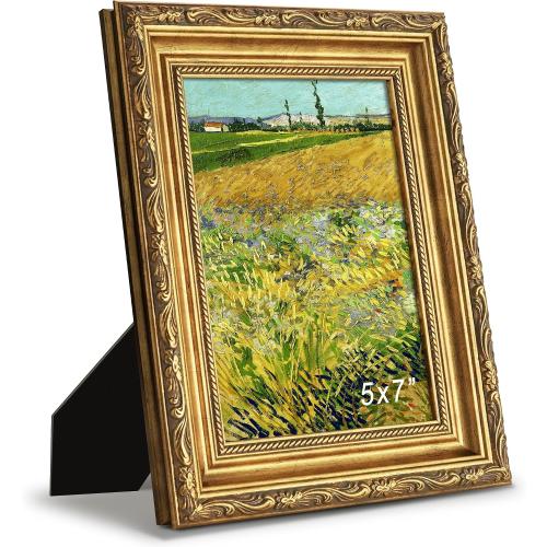 Antique Gold 5x7 Picture Frame, Ornate Embossing 5 x 7 Frame with Tempered Real Glass, Tabletop or Wall Mounting Display for Art Prints or Pictures, 2 Pack