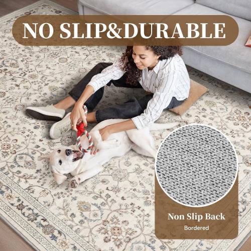 MontVoo-Vintage Area Rug 8X10 Color Beige for Living Room - Soft Distressed Printed Carpet for Bedroom - Non Slip, Machine Washable for Dining Room, Bedside, Office