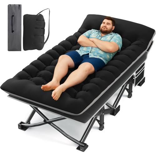 Camping Cot with Mattress, 32 Extra Wide Camping Cots for Adults, Sleeping Cot for Adults Holds Up to 600LBS, Cots for Sleeping, Camp, Rv, Beach, Patio, Office Naps(Black)