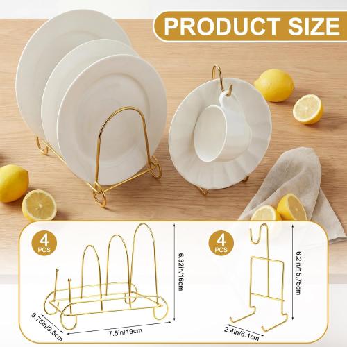 Plate Stands and Cup Holder, 3-Tier Plate Stand for Display and Cup and Saucer Display Stand Holder Metal Dish Rack Cabinet Organizer for Plates Tea Cups Coffee Mug(Gold,8 Pcs)