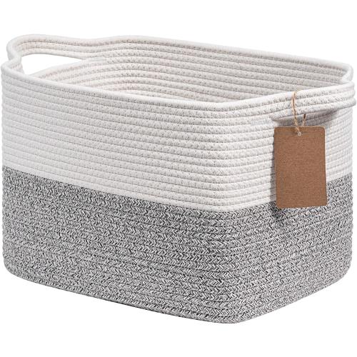 Goodpick Woven Storage Basket, Small Laundry Basket for Clothes, Towels and Shoes, Rope Square Gift Organizer with Handles, Gray and White, 13 x 10 x 9 Inches