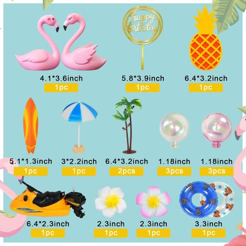 DRWATE Flamingo Cake Toppers Summer Cake Decorations Pineapple and Hibiscus Flower Yacht Surfboard Cake Toppers for Tropical Hawaiian Beach Luau Themed Party Supplies (Style 01)