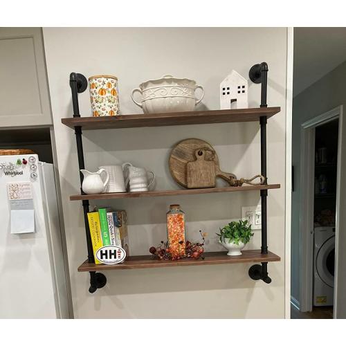 Industrial Pipe Wall Shelves with Real Wood Plank ,36 Inches Floating Shelves for Wall Farmhouse Book Shelves Dark Brown 3 Tier for Kitchen,Living Room Decor and Bar Shelving