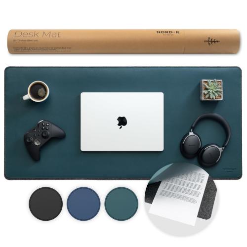 Nordik Felt and Leather Desk Mat Non-Slip - Green - 35 X 17 Inch - Felt and Vegan Leather Desk Pad - Document Organizers - Desk Blotter and Desktop Mat - Desk Protector Laptop Desk Matt for Desktop