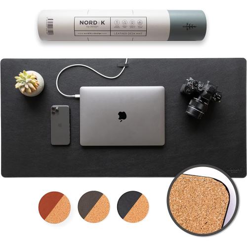 Nordik Cork Leather Desk Mat Cable Organizer (Pebble Black 35 X 17 inch) Premium Extended Mouse Mat for Home Office Accessories - Non-Slip Vegan Leather Desk Pad Protector & Desk Blotter Pad Cork Pebble Black