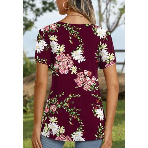 CATHY 2025 Womens Tops Spring Short Sleeve Casual V-Neck Basic T-Shirts Fitting Comfy Blouse Floral Wine Red Large