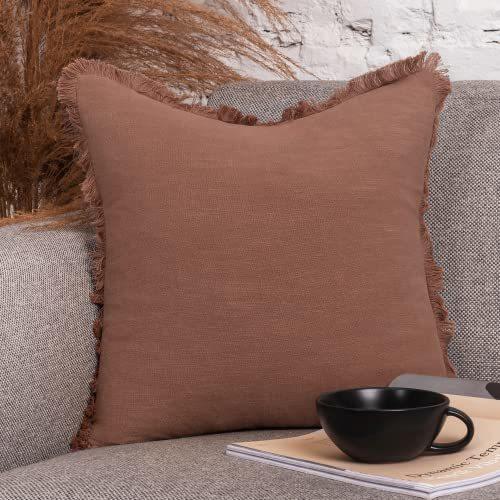 INSPIRED IVORY Linen Pillow Cover 20x20 Inch - Rustic Decorative Cinnamon Brown Throw Pillow Cover with Fringe - Farmhouse Accent Pillow Cushion Cover for Sofa Couch Bed Decor Single Sham 50x50cm