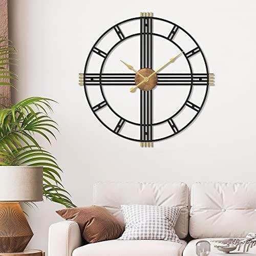 24 Inch Oversized Decorative Wall Clock - Black & Gold Metal - Modern Rustic Style - Extra Large Wall Clock - Silent - Living Room Decor - Farmhouse Wall Clock (LWCGM01)
