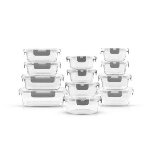 JoyFul 24-Piece Light Grey Glass Storage Containers with Leakproof Lids Set