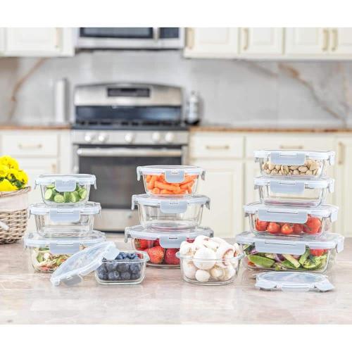 JoyFul 24-Piece Light Grey Glass Storage Containers with Leakproof Lids Set