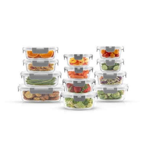 JoyFul 24-Piece Light Grey Glass Storage Containers with Leakproof Lids Set