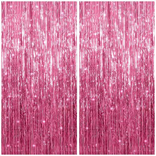 KatchOn Pink Backdrop for Pink Party Decorations - XtraLarge 8x3.2 Feet Pack of 2 | Pink Foil Fringe Curtain for Pink Streamers Party Decorations | Pink Fringe Backdrop Galentines Day Decorations
