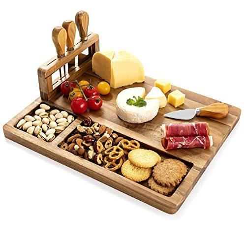HBlife Cheese Board & Knife Set Acacia Charcuterie Board 11x14 Inch Cheese Platter with 4 Stainless Steel Knife House Warming Gift & Perfect Choice for Christmas Thanksgiving