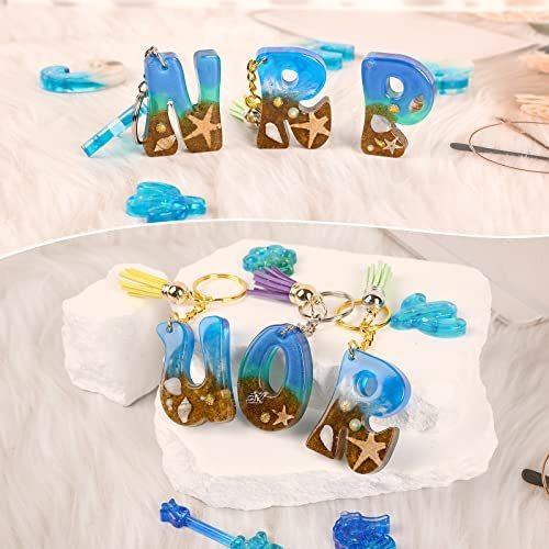 Moukiween Alphabet Keychain Molds with Hole Resin Letter Number Molds for Keychain Jewelry Pendant Making Kit with 20 Tassel 40 Key Rings Keychain Supplies