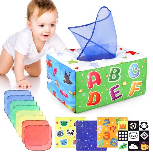 DINORUN Baby Toys 6 to 12 Months - Montessori Toys for Babies 6-12 Months - Infant Newborn Toddlers Sensory Toys Magic Baby Tissue Box Educational High Contrast Toy Development STEM Toy - Baby Gift