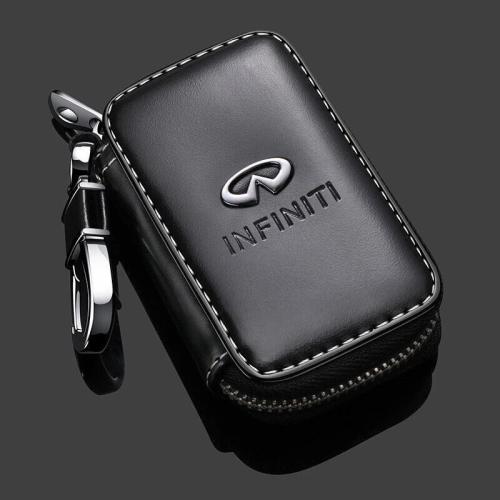 Infiniti Modern Car Key Case, Real Leather, Black, Formal, Modern, Exquisite, Zipper Closure, Hook Handle, 8.5cm x 4.6cm x 2cm, 130mg