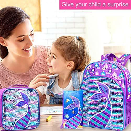 AGSDON 3PCS Kids Backpacks for Girls 16 Little Kid Mermaid Sequin Preschool School Bookbag and Lunch Box