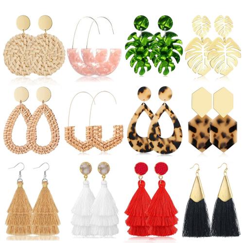 Honsny Boho Tassel Earrings for Women Rattan Earrings Resin Acrylic Earrings Fashion Geometric Hoop Woven Bohemian Fun Earring Drop Dangle Statement Big Earrings Set