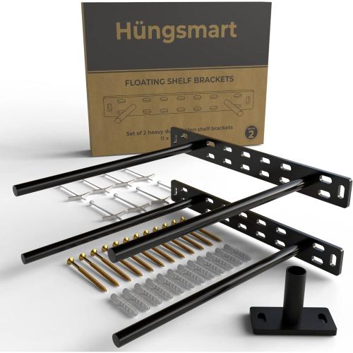 Set of 2 Floating Shelf Brackets 11 inch Multiple Mounting Location Baseplate/Heavy Duty Black Painted Mild Steel Bracket Hidden Wall Shelves Support Hardware Mount Kitchen/Nursery Decor(10 inch Rods) Backplate: 11 x 1 1/4 inch 10 inch Rod