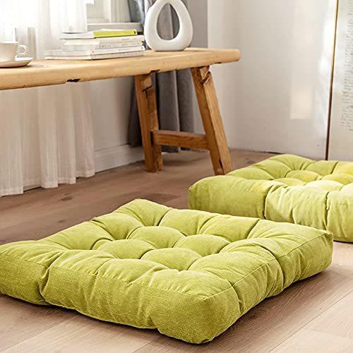 EGOBUY Meditation Floor Pillow Square Large Pillows Seating for Adults Green Tufted Corduroy Cushions for Outdoor Tatami Fireplace Living Room Memory Foam Filing Green Cushion 22 x 22 Inch