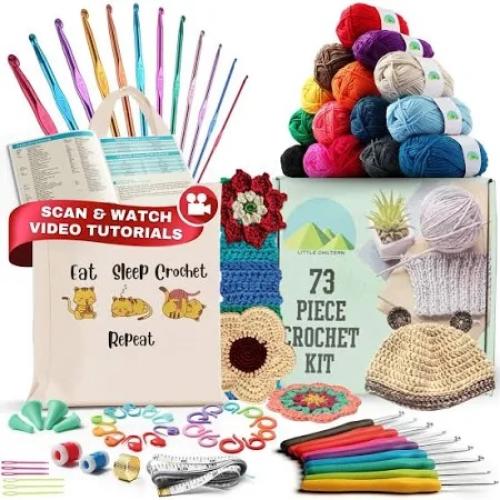 73 Piece Crochet Kit for Beginners Adults and Kids, Includes 15 Yarn Balls, Tote Bag, And Accessory Kit Organizer
