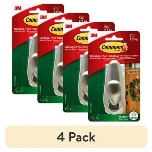 Pack of 4 Command FC13-BN-AWES Outdoor Hook, Metal, Foam Strip, Large - Quantity 4