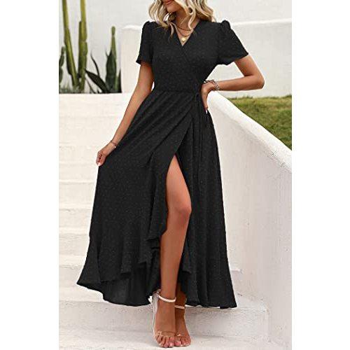 PRETTYGARDEN Women's Summer Wrap Maxi Dress Casual Boho Floral V Neck Short Sleeve Ruffle Hem Split Beach Long Dresses (Z_BlackXX-Large)