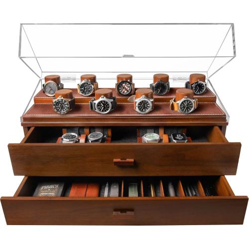 Elevate Your Watch Collection with The Legacy – Premium Watch Display Case for 17 Watches – Easy Access, Huge Drawers & Leather Lining – Wooden Mens Watch Box & Watch Stand – Lifetime Assurance Walnut