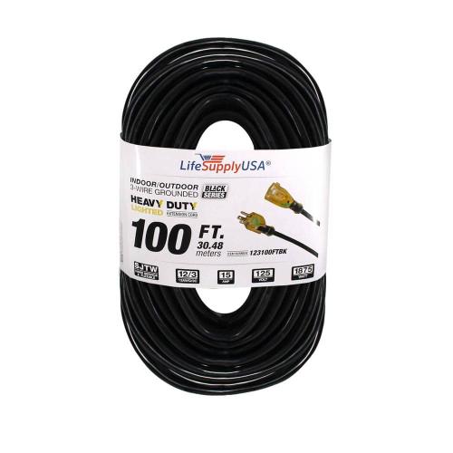 12/3 100 ft. SJTW 15 Amp, 125-Volt 1875-Watt Lighted End Indoor/Outdoor Black Heavy-Duty Extension Cord
