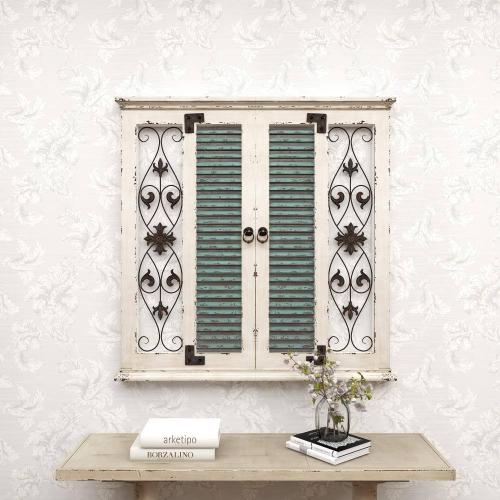 40 in. x 40 in. Wood Beige Window Shutter Scroll Wall Decor with Metal Scrollwork Relief