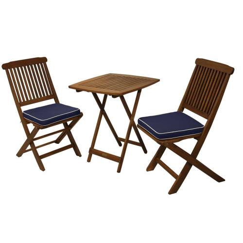 3-Piece Eucalyptus Outdoor Bistro Set with Blue Cushions