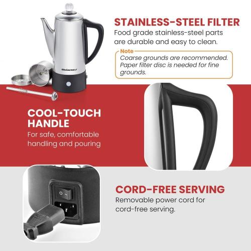 Elite Gourmet EC140 6-Cup Stainless Steel Brewing Coffee Percolator - Silver