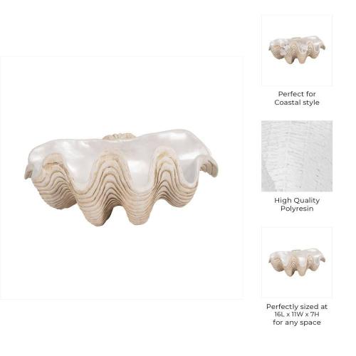 Ivory 16 in. x 11 in. Resin Coastal Pearlized Clam Shell Decorative Bowl