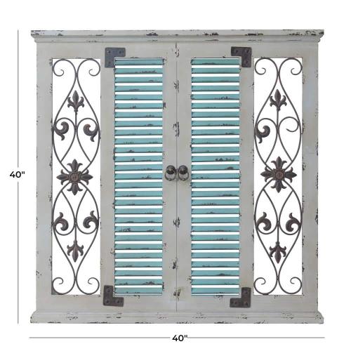40 in. x 40 in. Wood Beige Window Shutter Scroll Wall Decor with Metal Scrollwork Relief