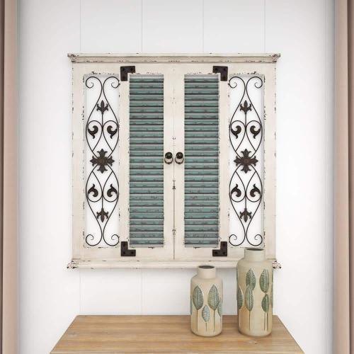 40 in. x 40 in. Wood Beige Window Shutter Scroll Wall Decor with Metal Scrollwork Relief
