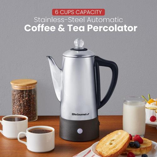 Elite Gourmet EC140 6-Cup Stainless Steel Brewing Coffee Percolator - Silver