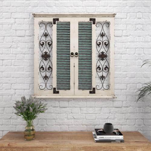 40 in. x 40 in. Wood Beige Window Shutter Scroll Wall Decor with Metal Scrollwork Relief