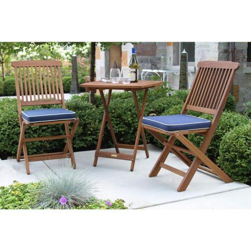 3-Piece Eucalyptus Outdoor Bistro Set with Blue Cushions