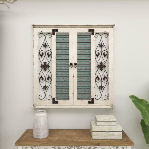 40 in. x 40 in. Wood Beige Window Shutter Scroll Wall Decor with Metal Scrollwork Relief