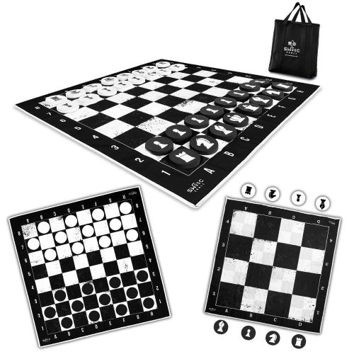 3-in-1 Giant Checkers, Chess, & Chess Tac Toe Game With Mat (4ft x 4ft) - Machine-Washable Canvas & 5 Big Foam Discs