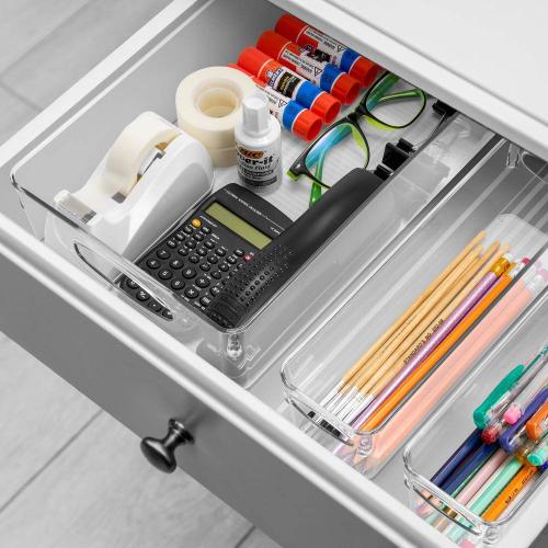 Narrow Clear Plastic Storage Bins with Handles for Shelves-10-Pack Organizers and Storage