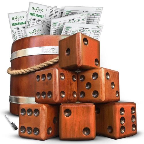Yardzee, Farkle & 20  Games - Light-Weight Yard Dice Game Set (All Weather) with Wood Bucket, 5 Score Cards, and Marker