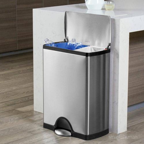 46 Liter Rectangular Step Recycling Trash Can, Brushed Stainless Steel